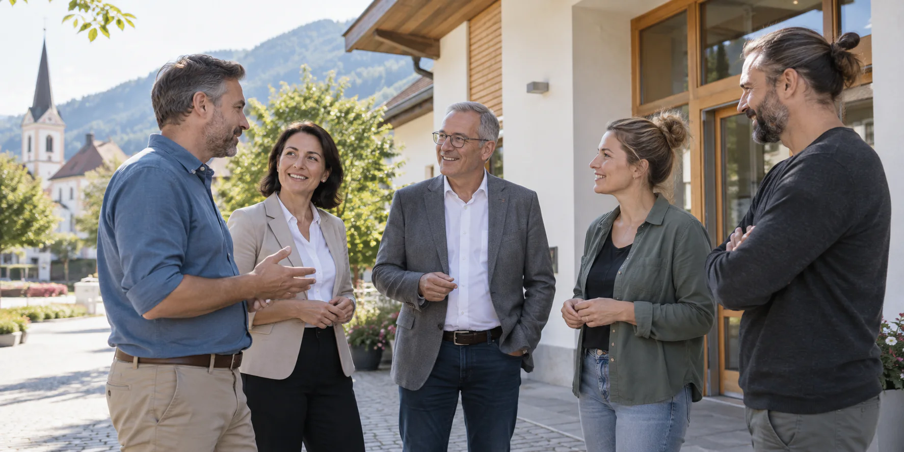 Engagierte Menschen im Gespräch vor einem Gemeindezentrum